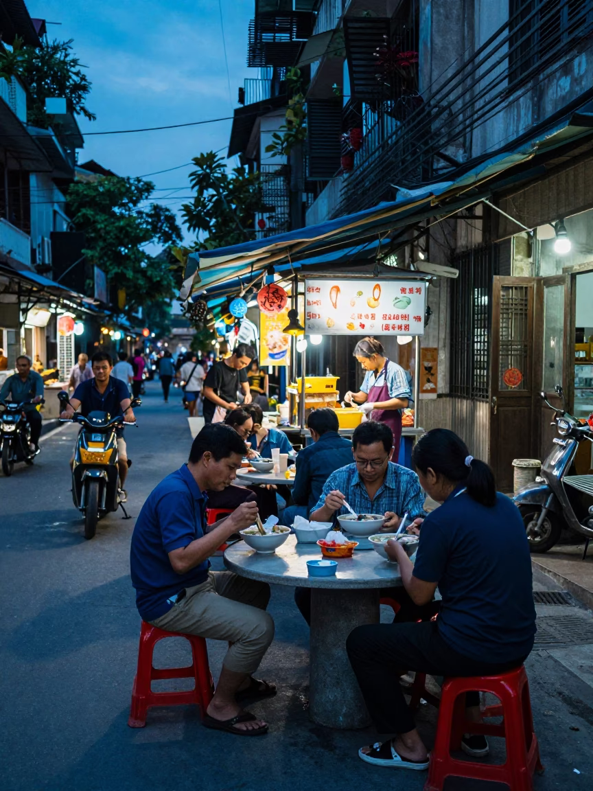 Food Stall in Hanoi at The Last Blue Light Of Evening in in Hanoi, Vietnam
