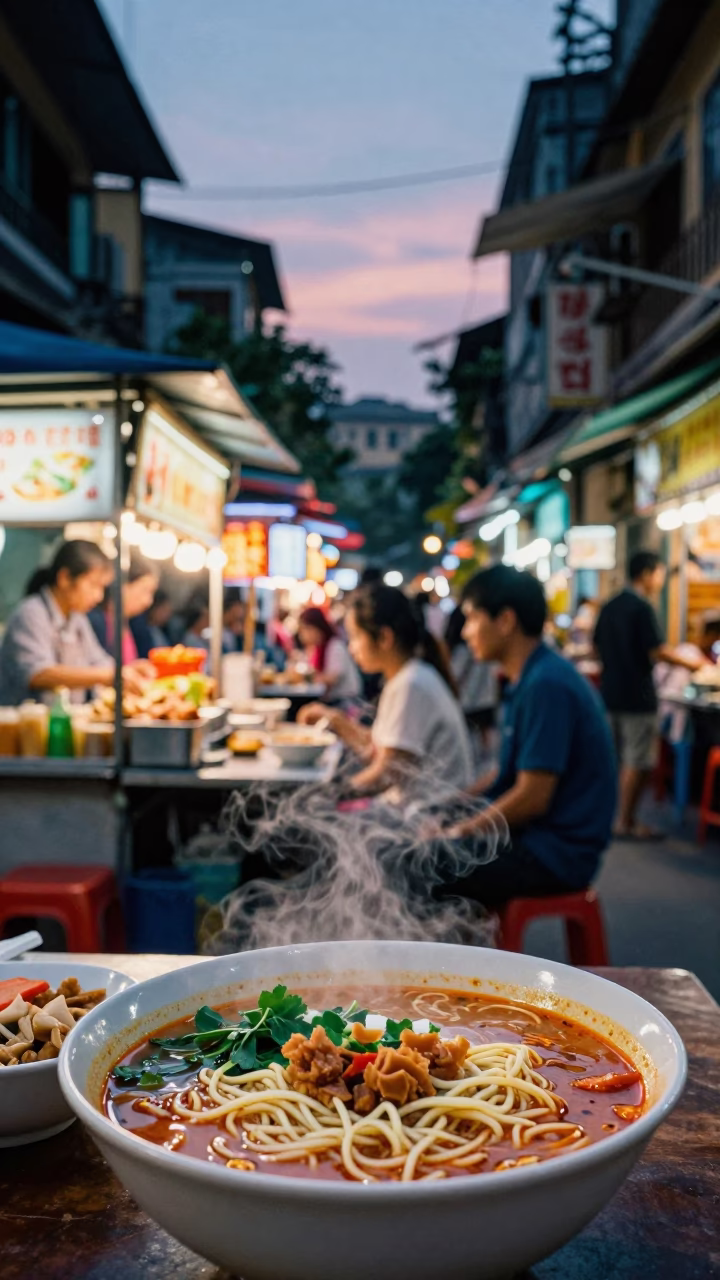 Food Stall in Hanoi at Twilight in in Hanoi, Vietnam