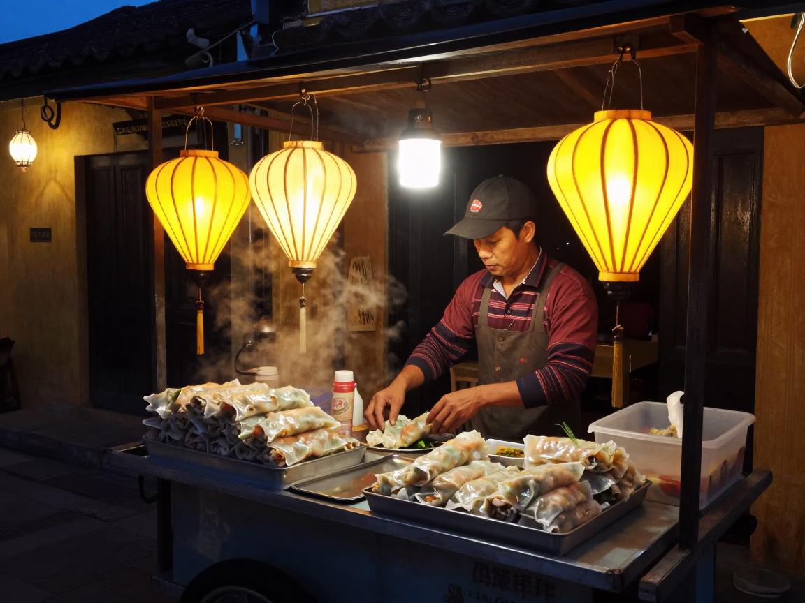 Food Stall in Hoi An at The Predawn Darkness Light in in Hoi An, Vietnam