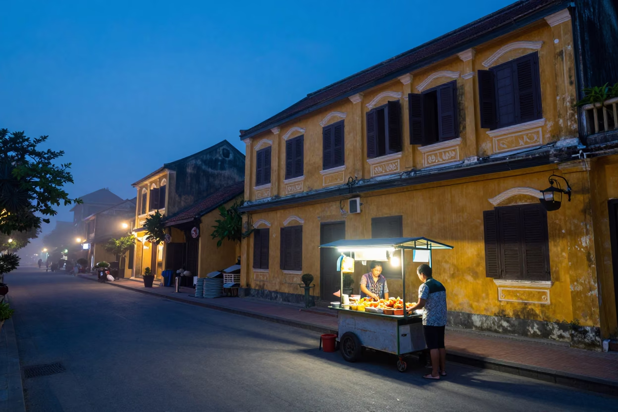 Food Stall in Hoi An at The Still Hours Before Dawn Light in in Hoi An, Vietnam