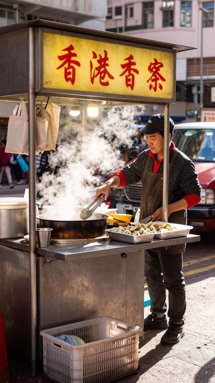 Food Stall in Hong Kong at Bright Midmorning Light in in Hong Kong, Hong Kong