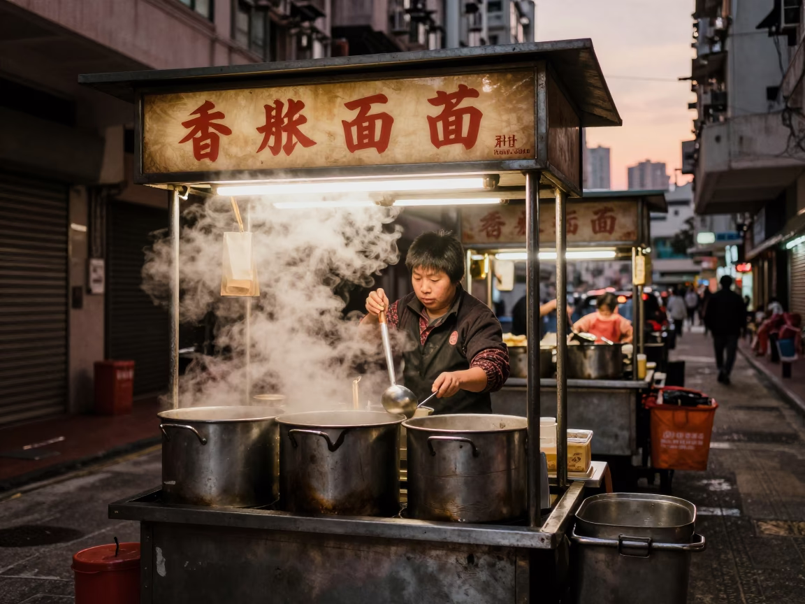 Food Stall in Hong Kong at Copper-toned Light Before Dusk in in Hong Kong, Hong Kong