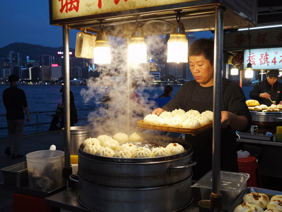 Food Stall in Hong Kong at Indigo Twilight After Sunset in in Hong Kong, Hong Kong