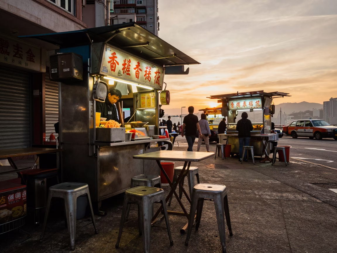 Food Stall in Hong Kong at Sunset Light in in Hong Kong, Hong Kong