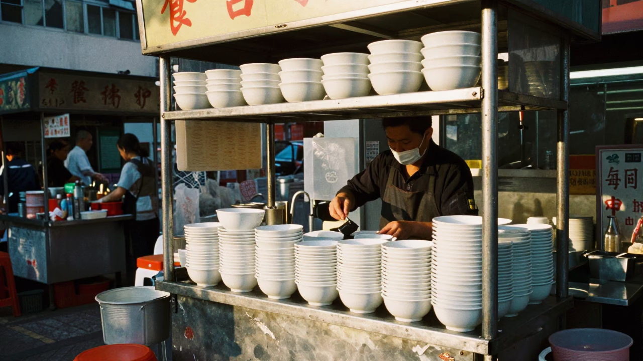 Food Stall in Hong Kong at The Early Morning Light in in Hong Kong, Hong Kong
