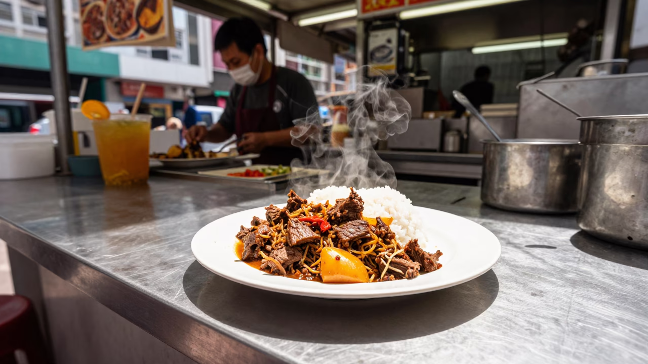 Food Stall in Hong Kong at The Flat Glare Of Noon Light in in Hong Kong, Hong Kong