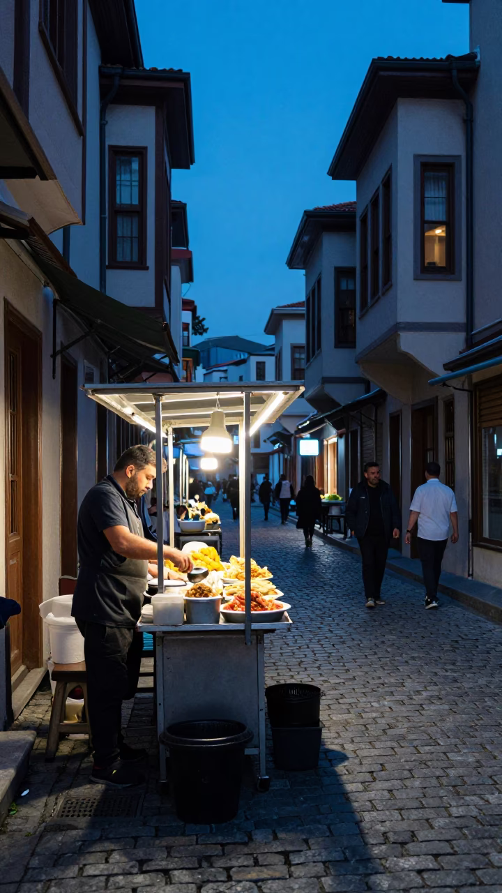Food Stall in Istanbul at The Last Blue Light Of Evening in in Istanbul, Turkey