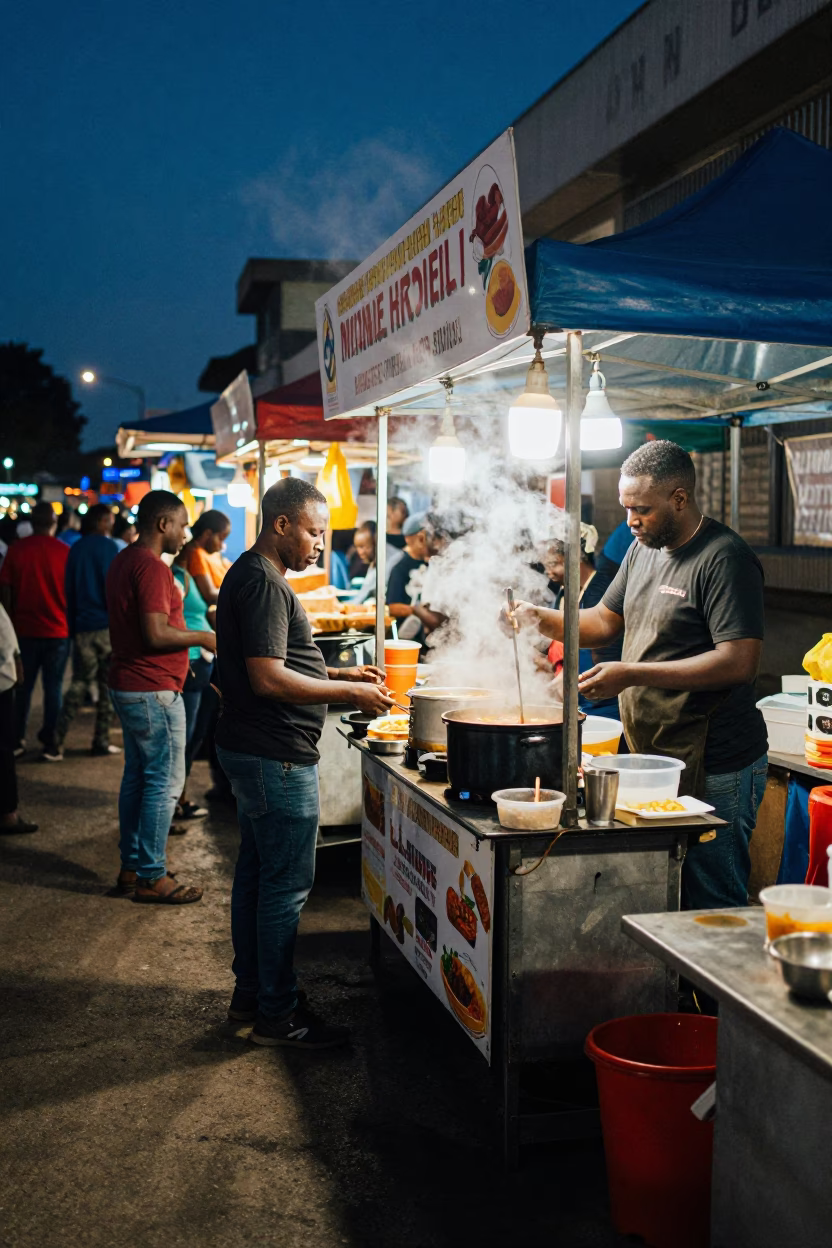 Food Stall in Johannesburg at Midnight Light in in Johannesburg, South Africa