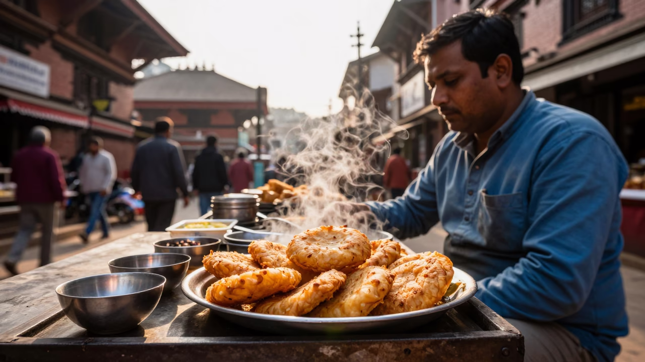 Food Stall in Kathmandu at Clear Late-afternoon Light in in Kathmandu, Nepal