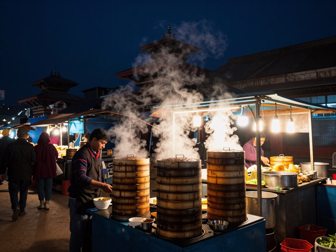 Food Stall in Kathmandu at The Deepest Night Sky Light in in Kathmandu, Nepal