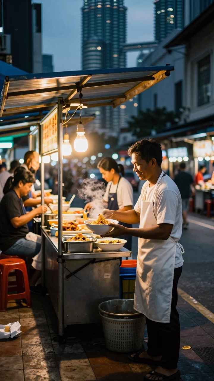 Food Stall in Kuala Lumpur at As City Lights Begin To Glow in in Kuala Lumpur, Malaysia