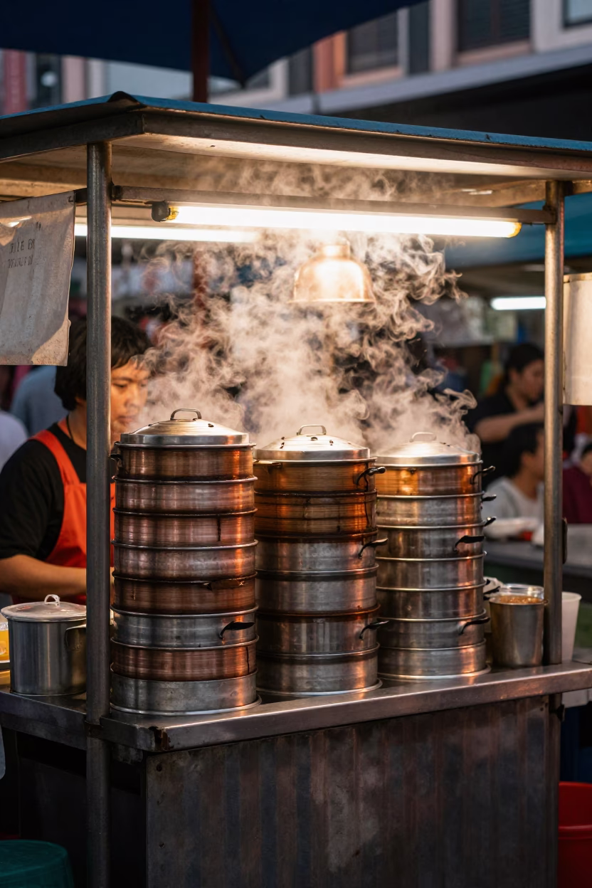 Food Stall in Kuala Lumpur at Copper-toned Light Before Dusk in in Kuala Lumpur, Malaysia