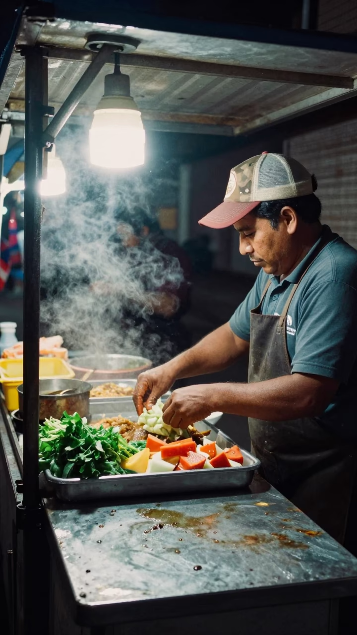 Food Stall in Lima at Midnight Light in in Lima, Peru