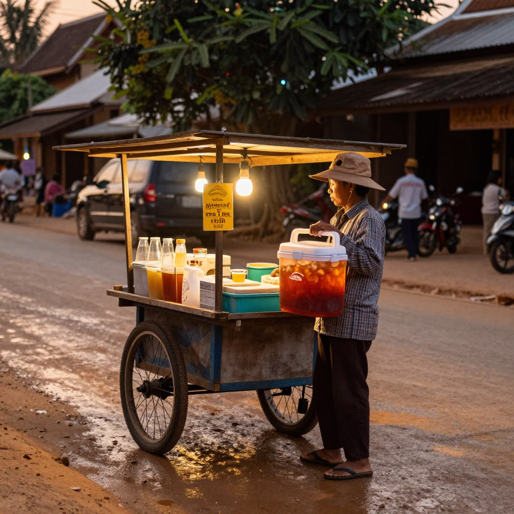 Food Stall in Luang Prabang at Honeyed Evening Light in in Luang Prabang, Laos