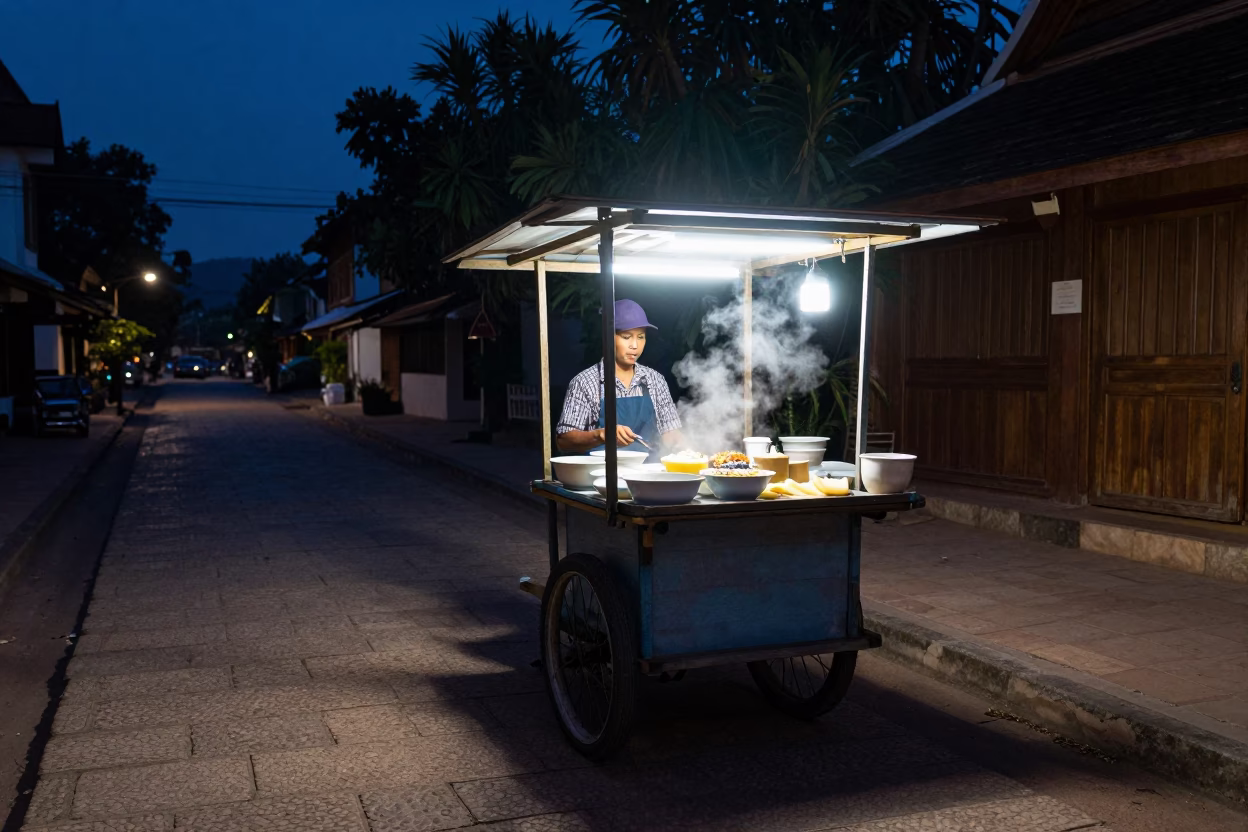 Food Stall in Luang Prabang at Midnight Light in in Luang Prabang, Laos