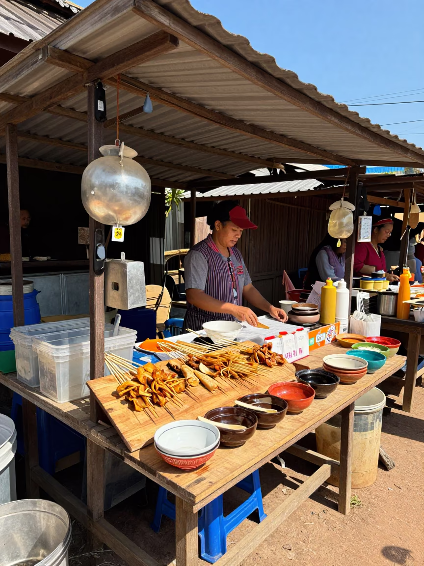 Food Stall in Luang Prabang at The Flat Glare Of Noon Light in in Luang Prabang, Laos