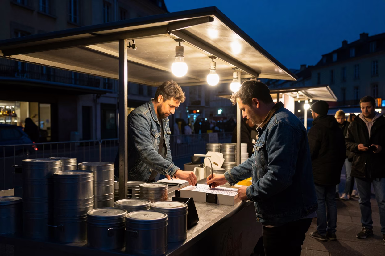 Food Stall in Lyon at Midnight Light in in Lyon, France
