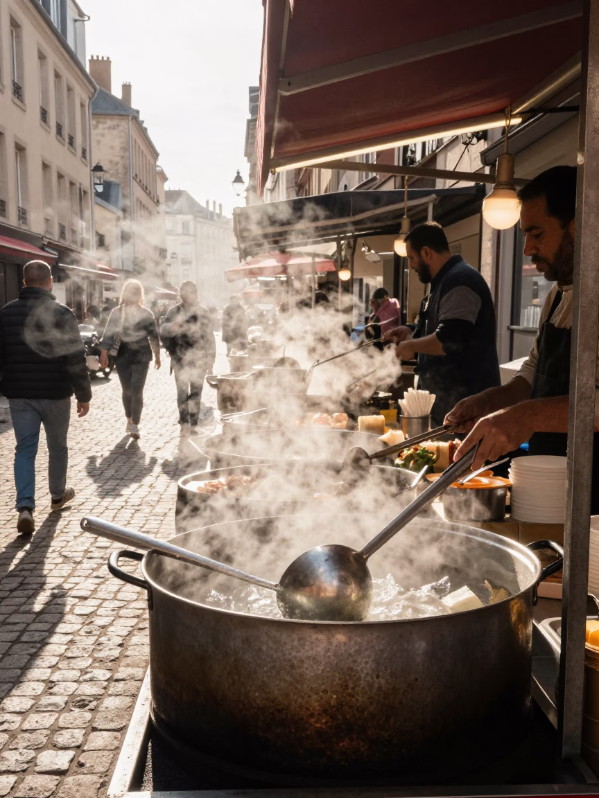 Food Stall in Lyon at The Late Morning Light in in Lyon, France