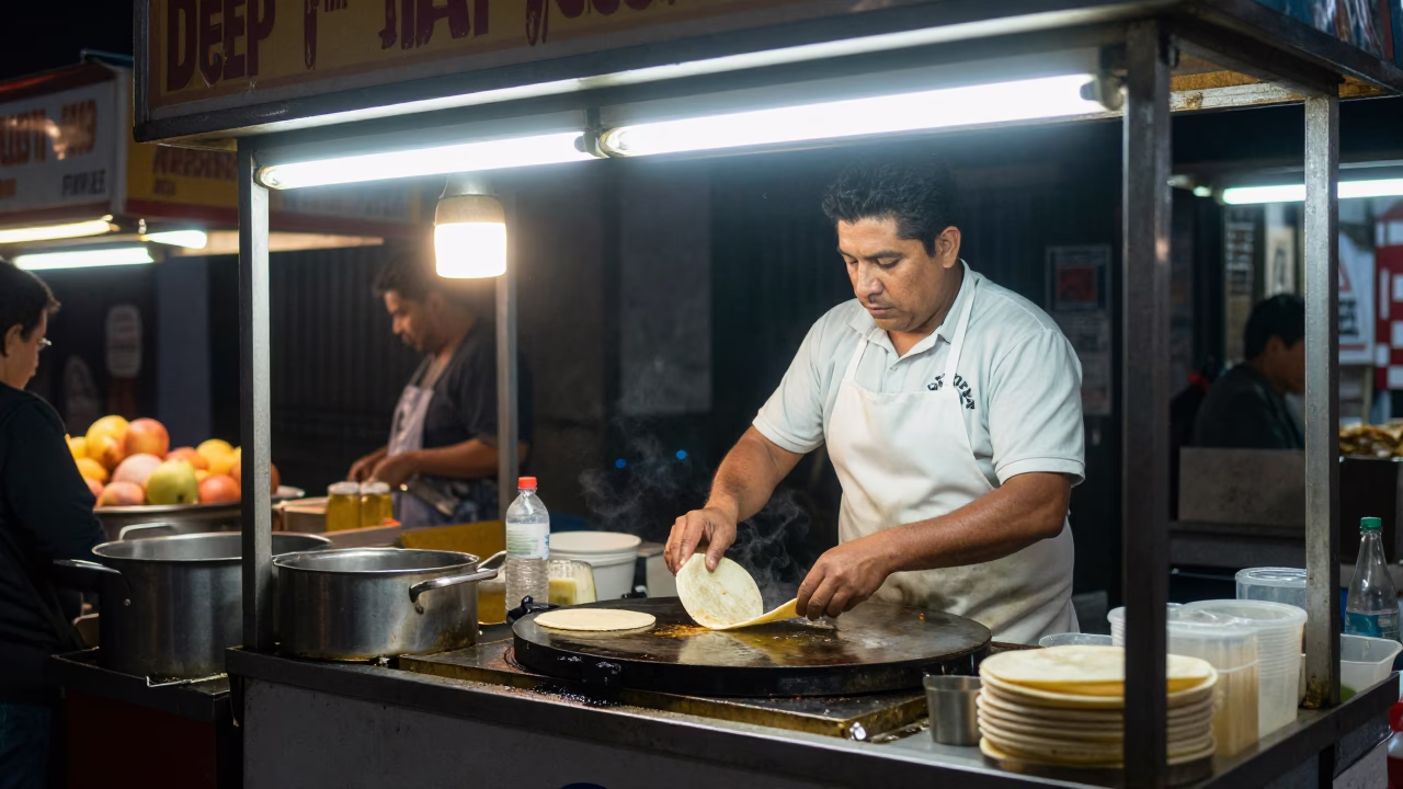 Food Stall in Mexico City at Deep In The Night Light in in Mexico City, Mexico