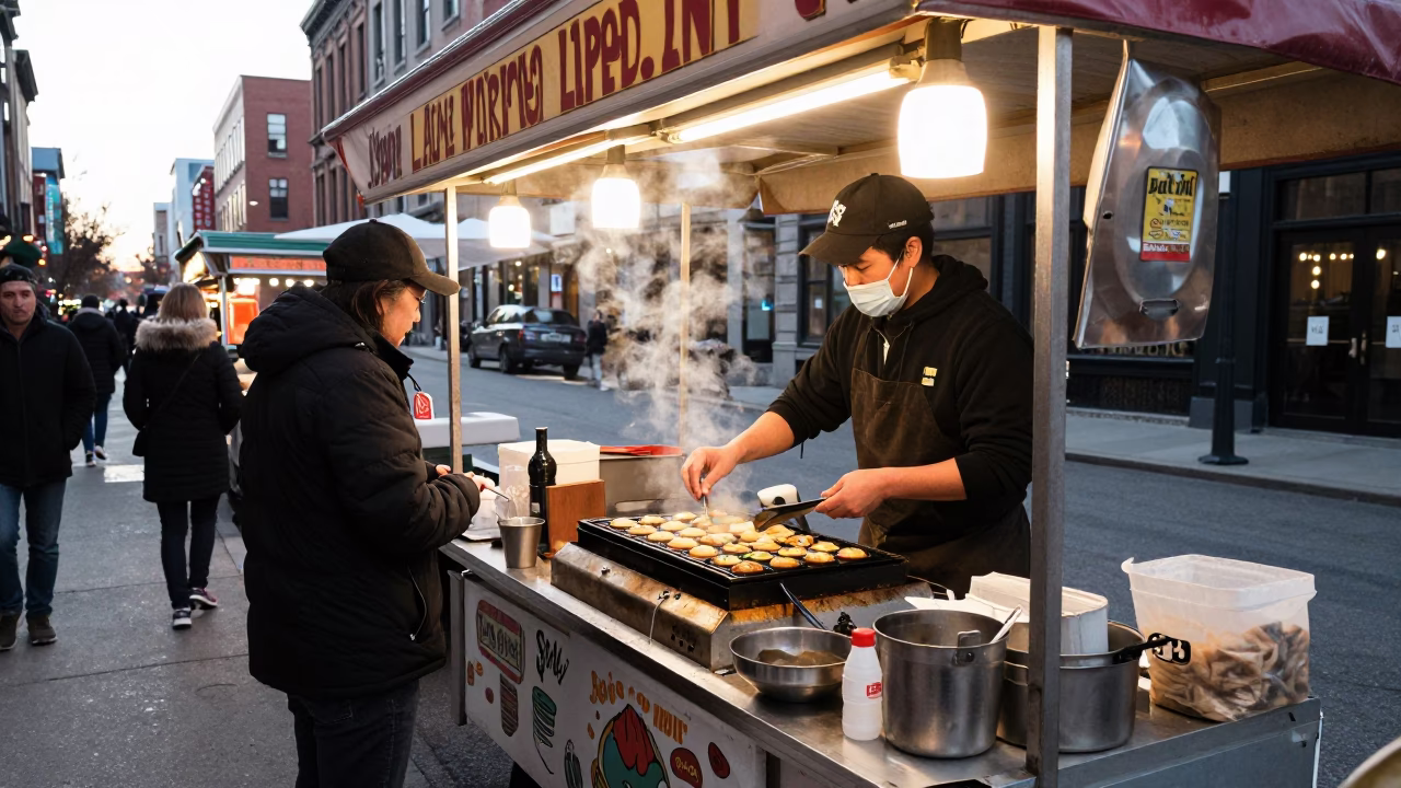 Food Stall in Montreal at The Late Morning Light in in Montreal, Quebec, Canada