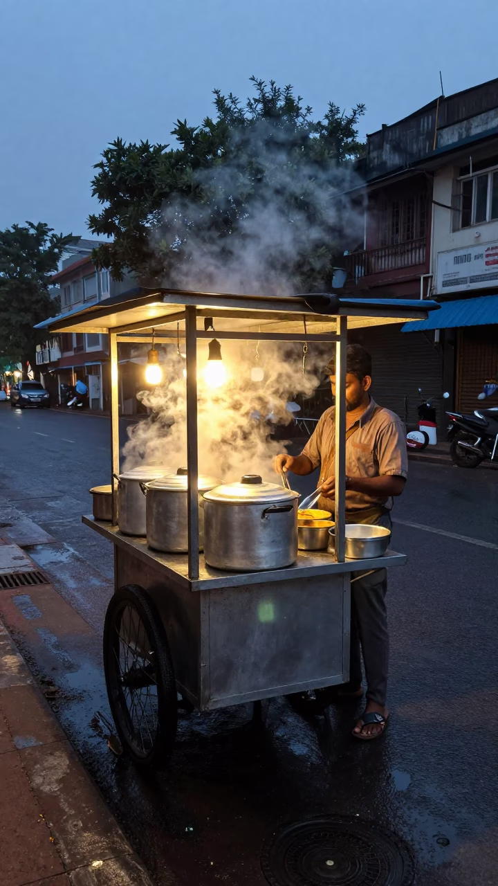 Food Stall in Mumbai at The Still Hours Before Dawn Light in in Mumbai, India