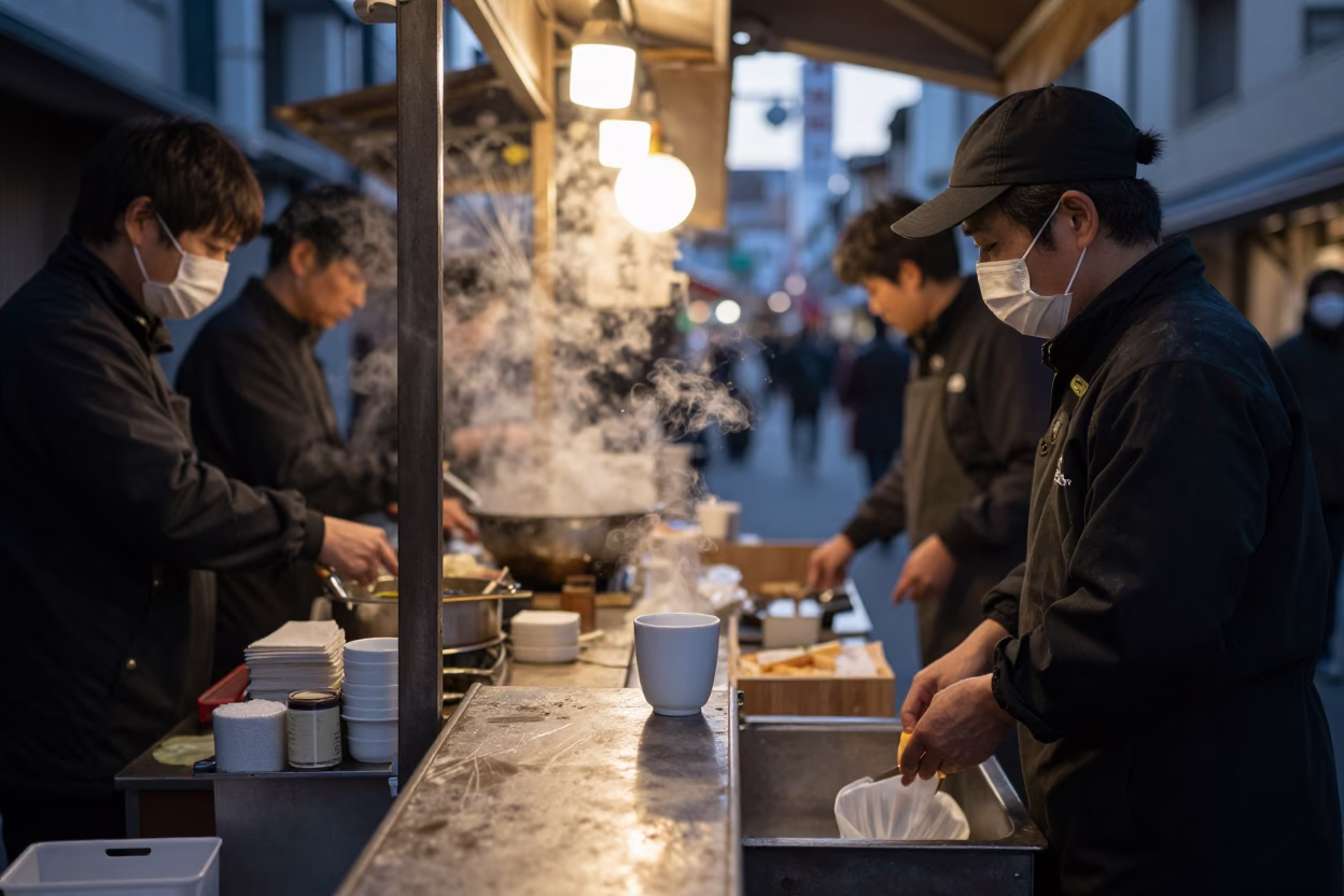 Food Stall in Osaka at First Light Of Dawn in in Osaka, Japan