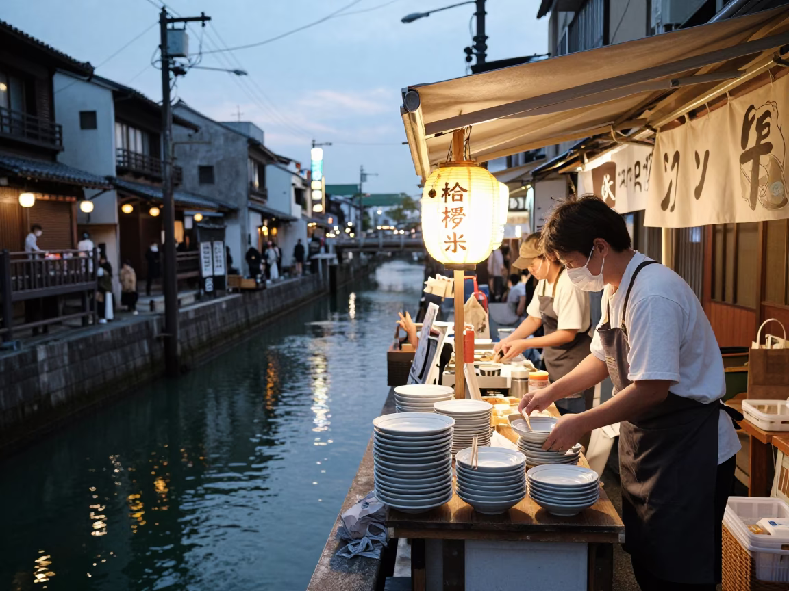Food Stall in Osaka at Honeyed Evening Light in in Osaka, Japan