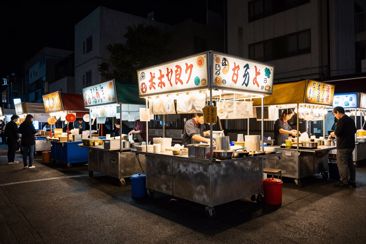Food Stall in Osaka at The Deepest Night Sky Light in in Osaka, Japan