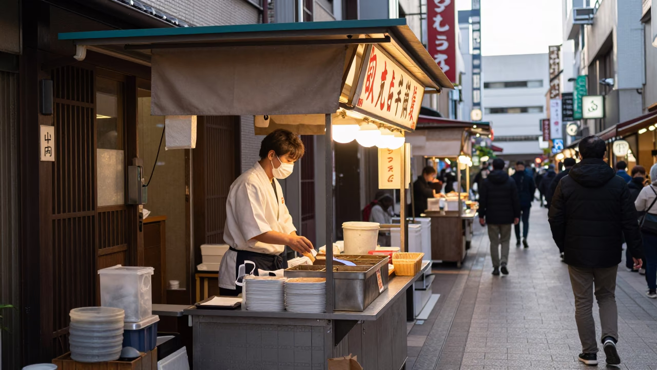 Food Stall in Osaka at The Early Morning Light in in Osaka, Japan