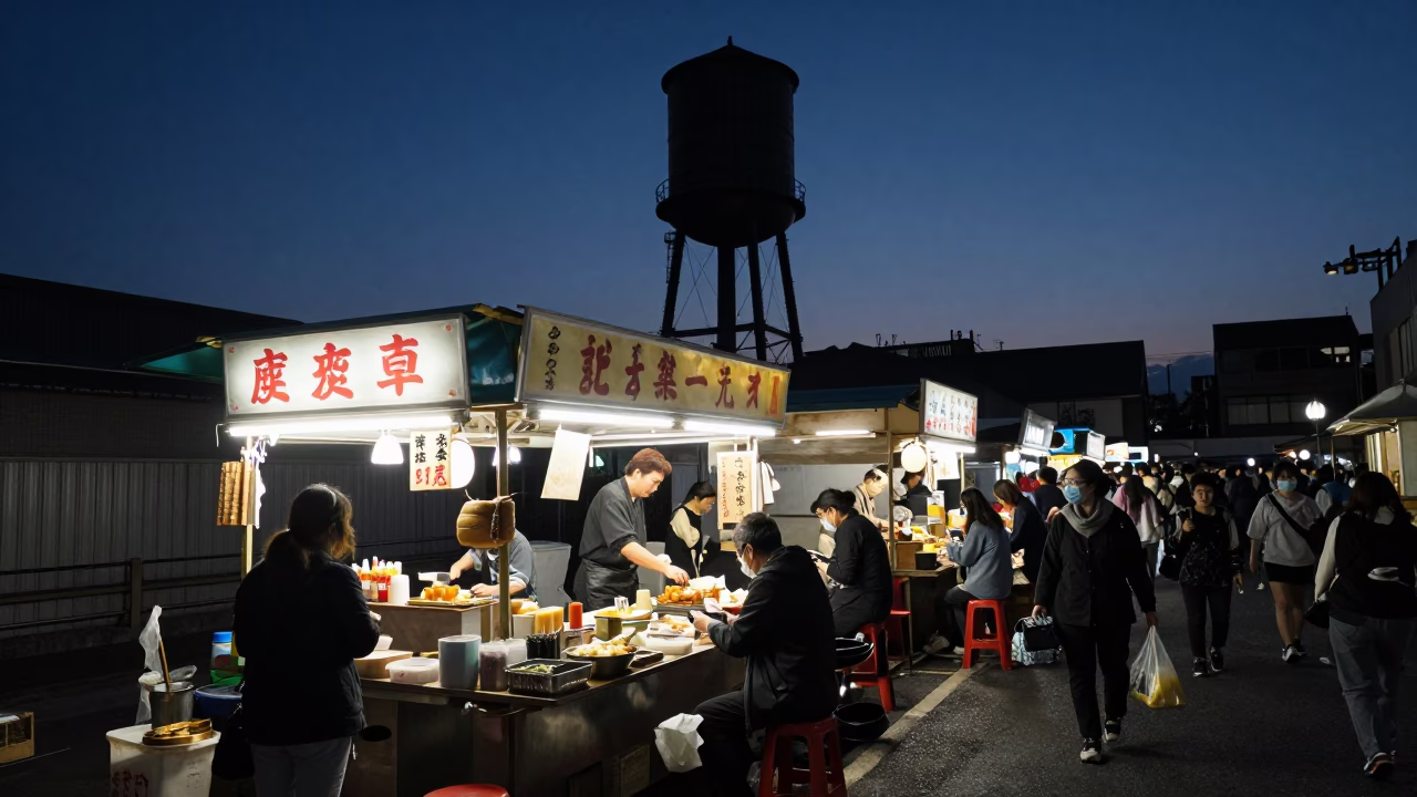 Food Stall in Osaka at The Predawn Darkness Light in in Osaka, Japan