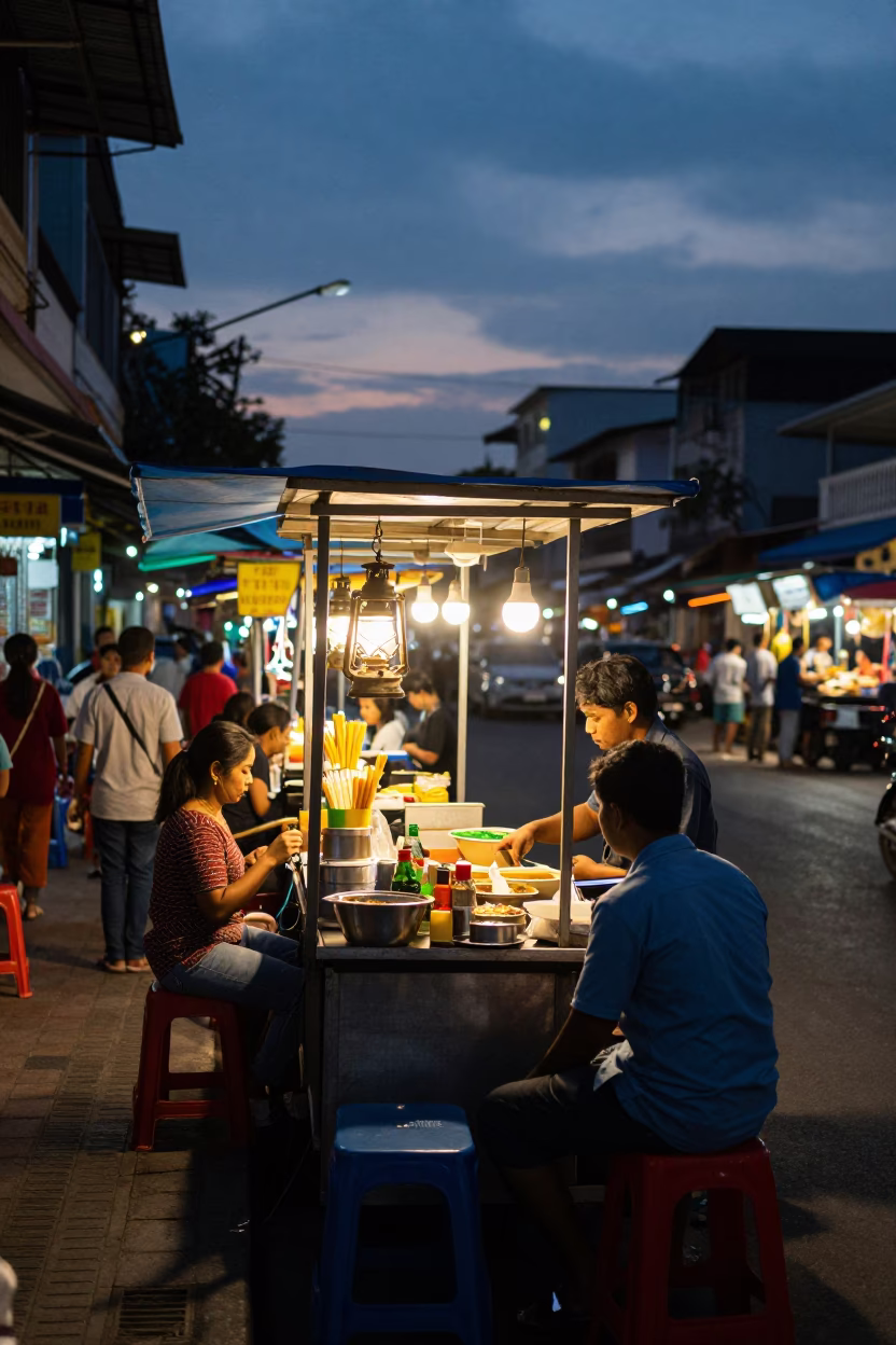 Food Stall in Phnom Penh at As City Lights Begin To Glow in in Phnom Penh, Cambodia