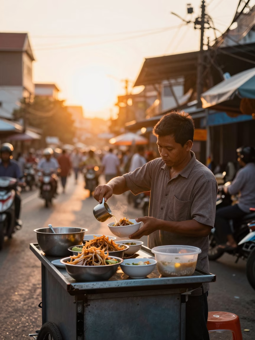 Food Stall in Phnom Penh at Golden Hour in in Phnom Penh, Cambodia