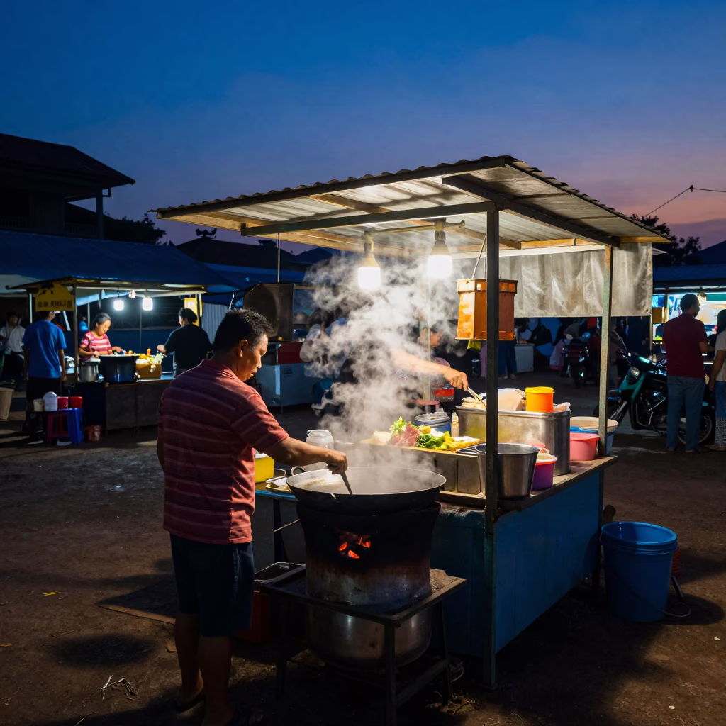Food Stall in Phnom Penh at Indigo Twilight After Sunset in in Phnom Penh, Cambodia