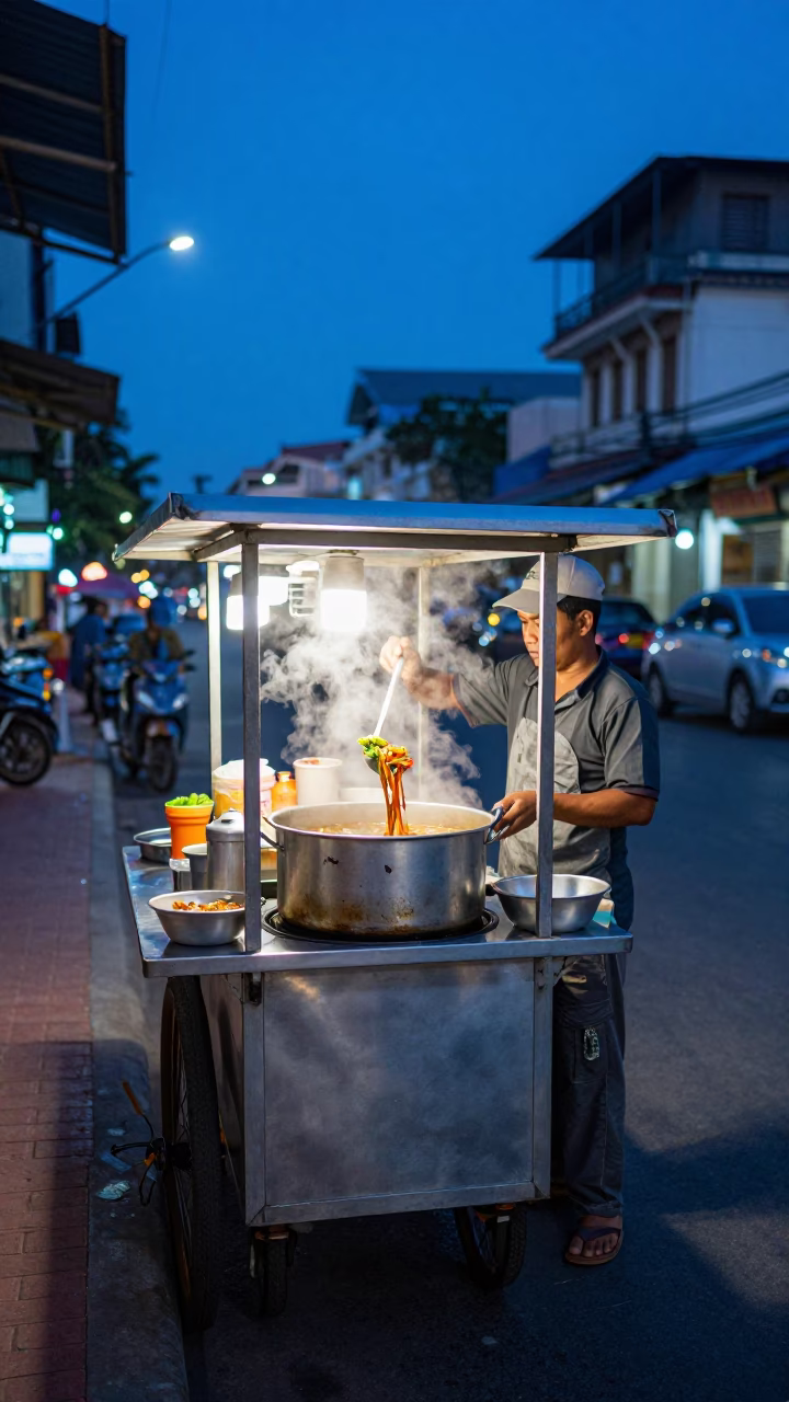 Food Stall in Phnom Penh at The Last Blue Light Of Evening in in Phnom Penh, Cambodia