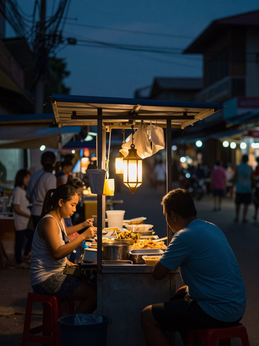 Food Stall in Phnom Penh at The Predawn Darkness Light in in Phnom Penh, Cambodia