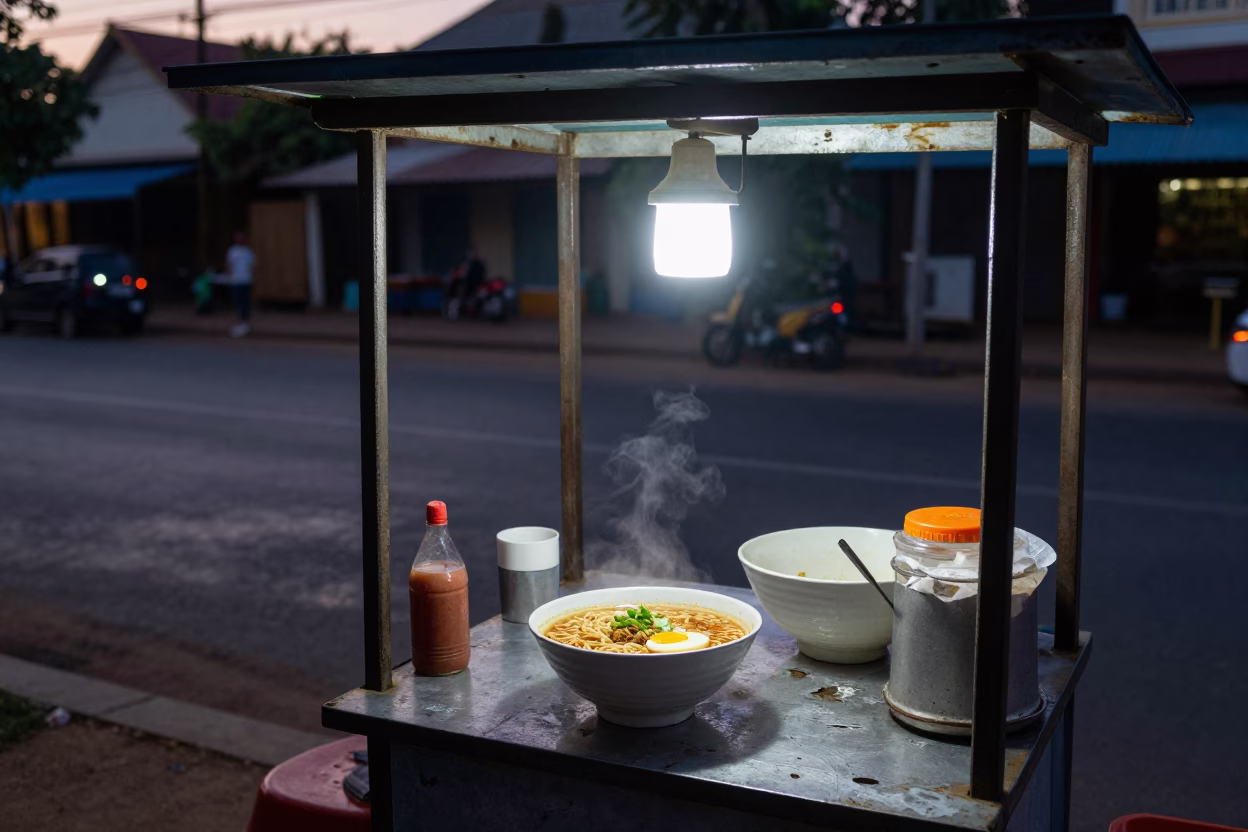 Food Stall in Phnom Penh at The Still Hours Before Dawn Light in in Phnom Penh, Cambodia