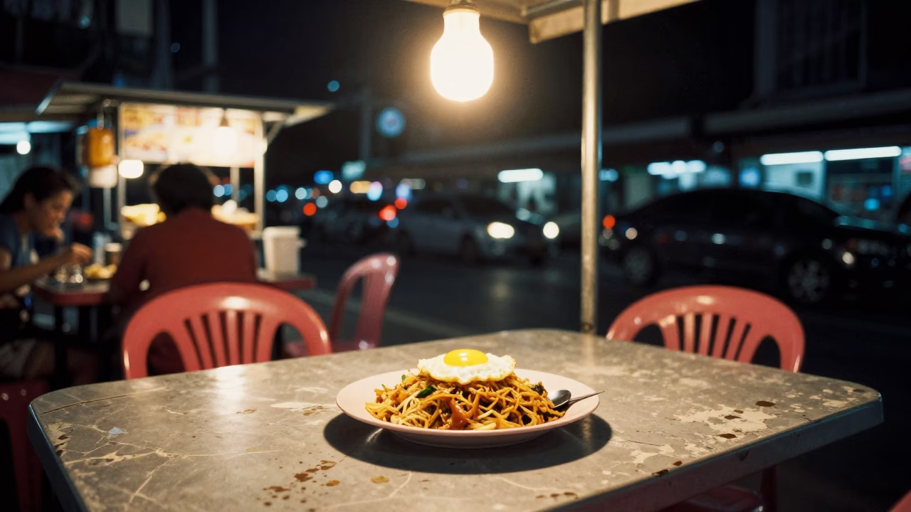 Food Stall in Phuket at As City Lights Begin To Glow in in Phuket, Thailand