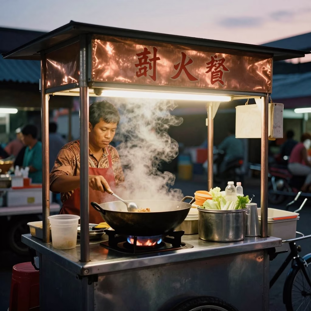 Food Stall in Phuket at Copper-toned Light Before Dusk in in Phuket, Thailand