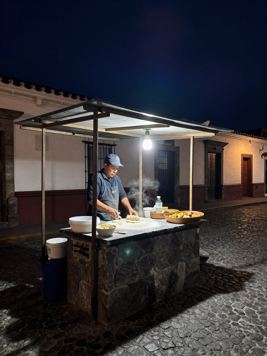 Food Stall in Quito at The Deepest Night Sky Light in in Quito, Ecuador