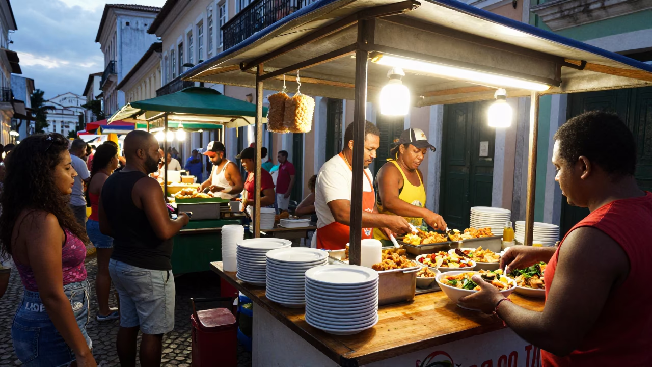 Food Stall in Salvador at As City Lights Begin To Glow in in Salvador, Brazil