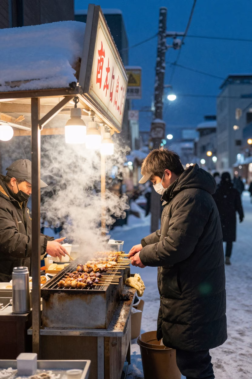 Food Stall in Sapporo at Midnight Light in in Sapporo, Japan