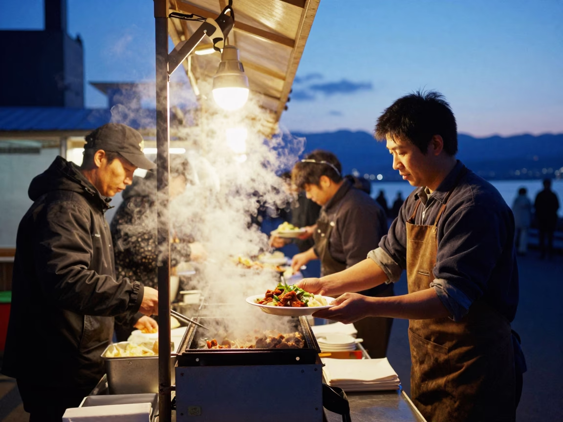 Food Stall in Sapporo at Twilight in in Sapporo, Japan