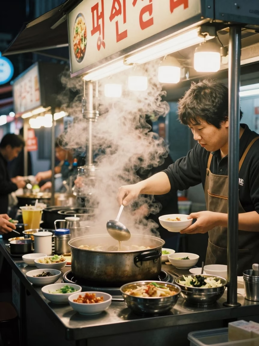 Food Stall in Seoul at Late At Night Light in in Seoul, South Korea
