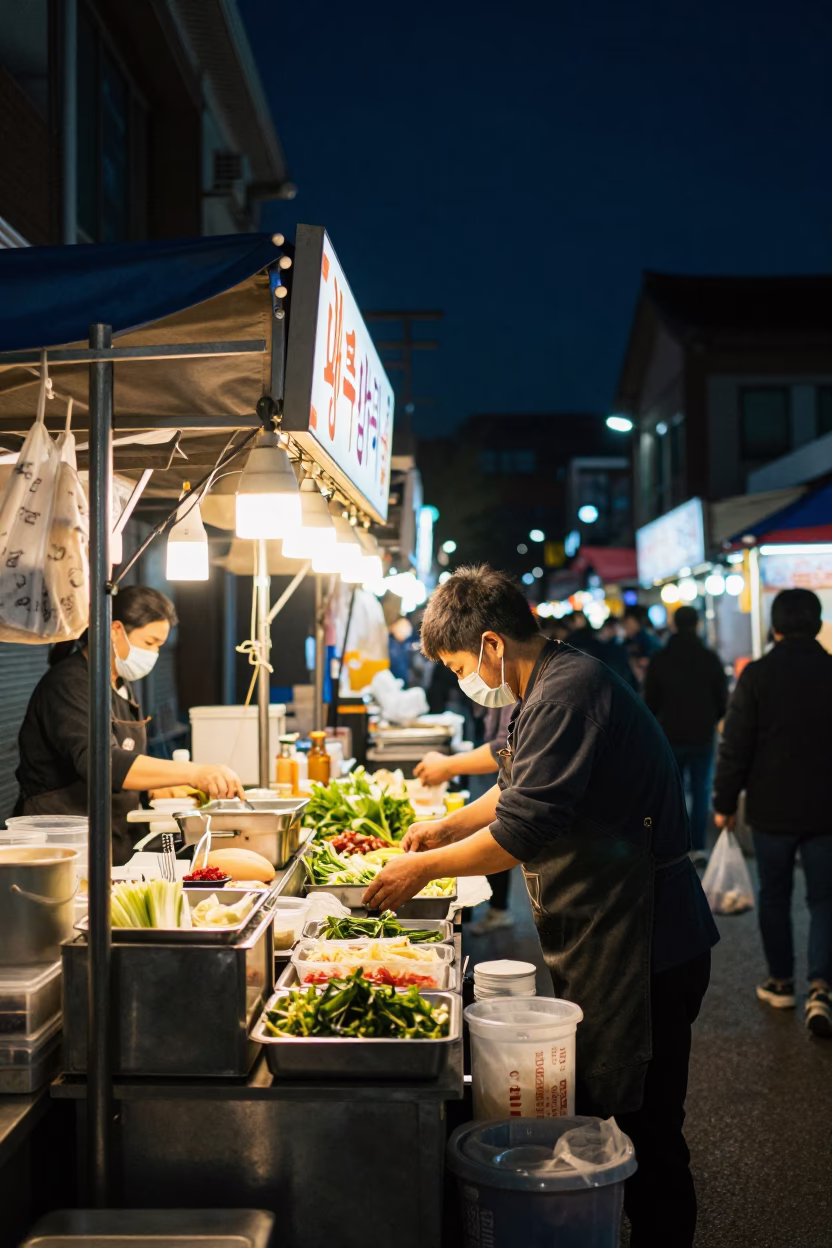 Food Stall in Seoul at The Deepest Night Sky Light in in Seoul, South Korea
