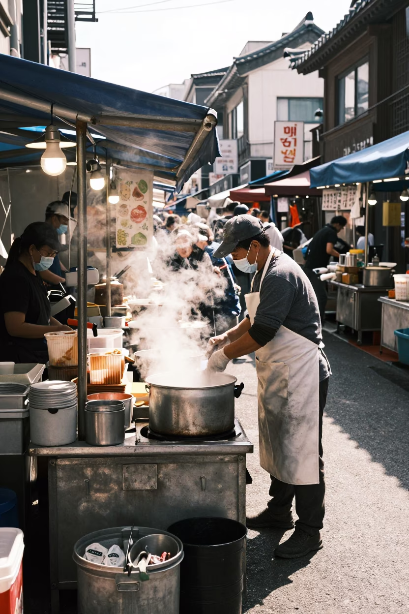 Food Stall in Seoul at The Flat Glare Of Noon Light in in Seoul, South Korea