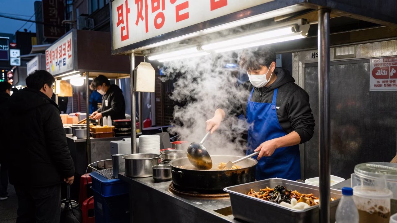 Food Stall in Seoul at The Predawn Darkness Light in in Seoul, South Korea