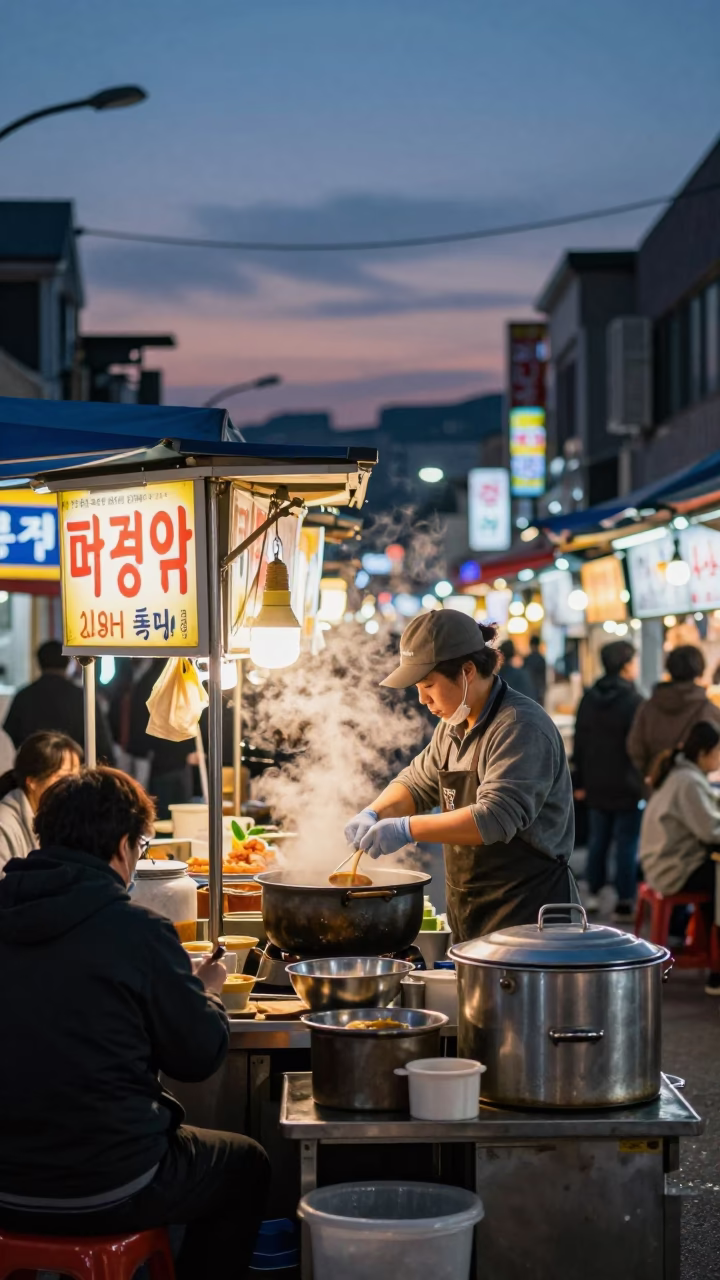 Food Stall in Seoul at Twilight in in Seoul, South Korea
