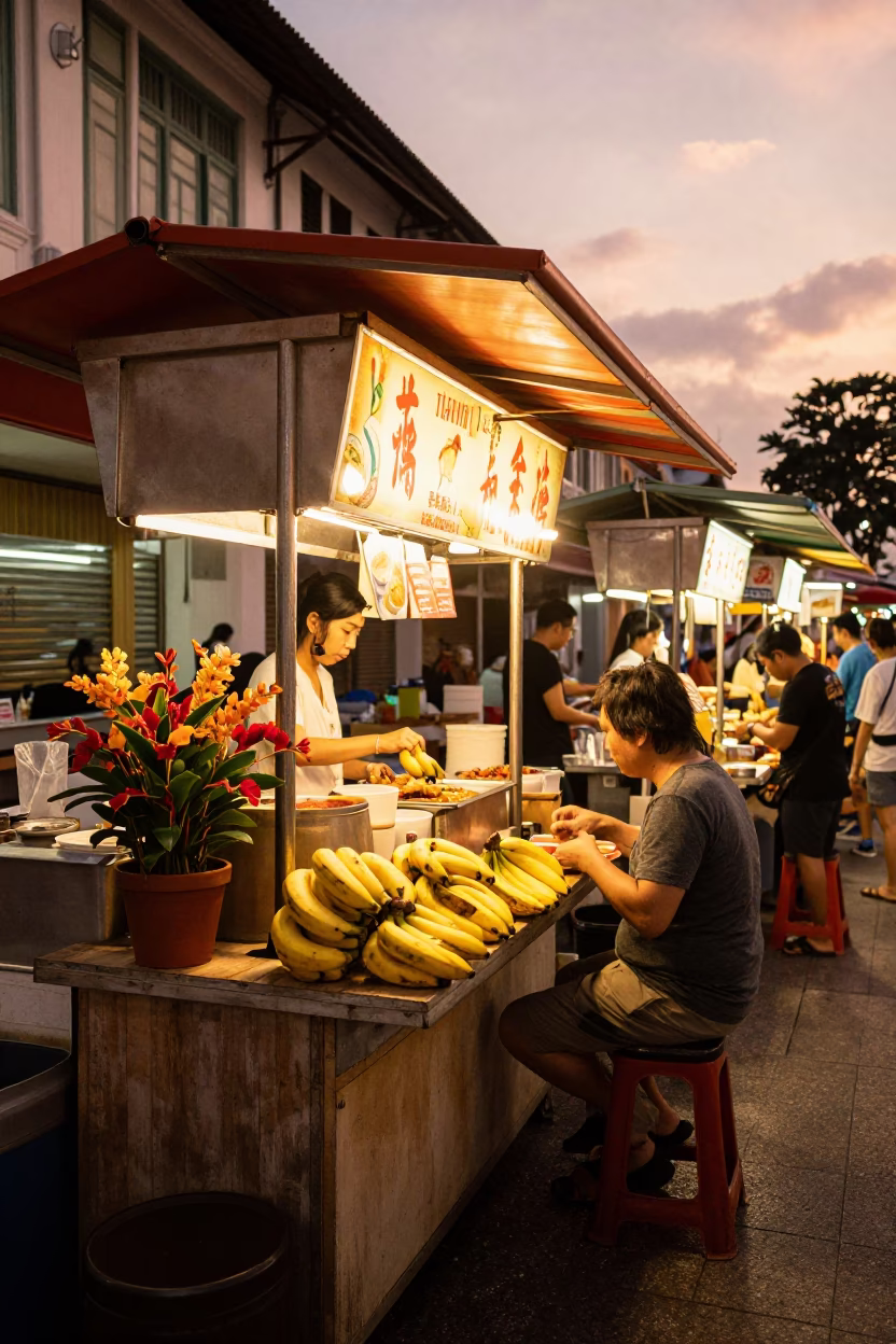 Food Stall in Singapore at Copper-toned Light Before Dusk in in Singapore, Singapore