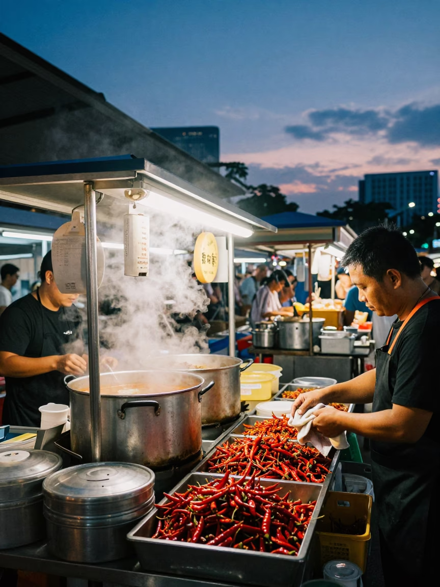 Food Stall in Singapore at Indigo Twilight After Sunset in in Singapore, Singapore