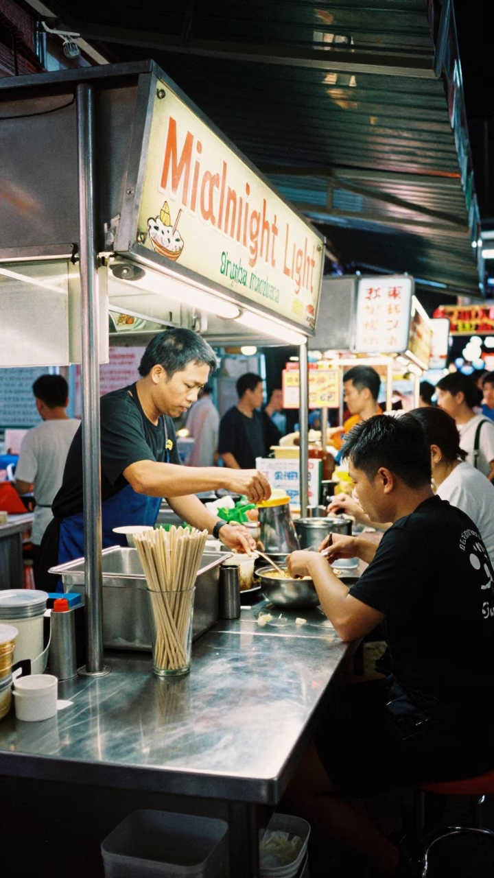 Food Stall in Singapore at Midnight Light in in Singapore, Singapore